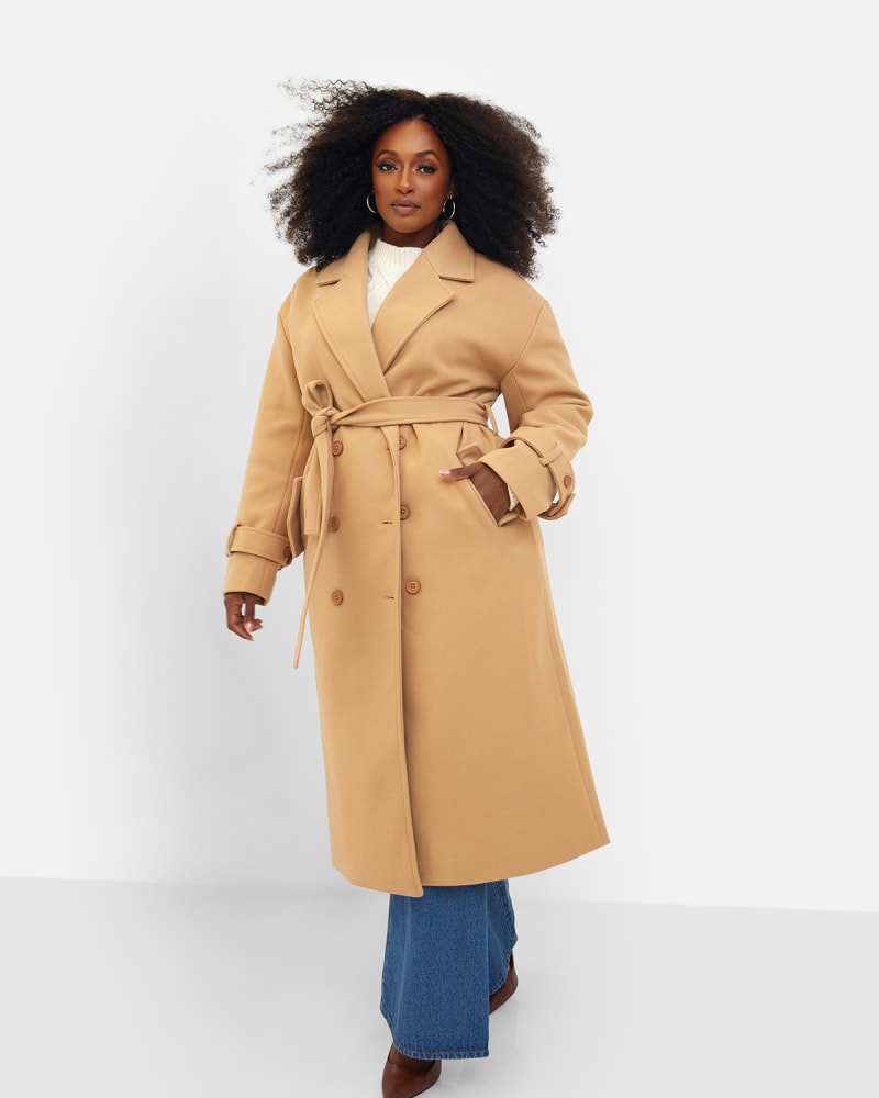 Front of a model wearing a size L Hazel Structured Belted Coat - Tan in Brown by Rebdolls. | dia_product_style_image_id:325372